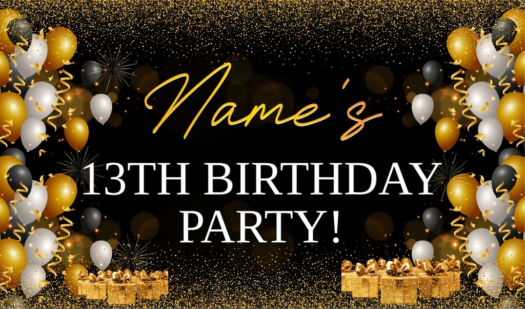 Personalised Teen Backdrop Party Banner - Black & Gold Balloons - Add Text