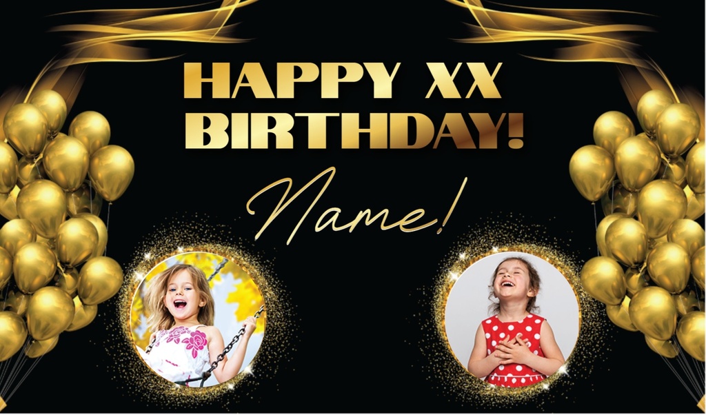 Personalised Teen Party Banner - Gold Balloons - Add Text & 2 Photos