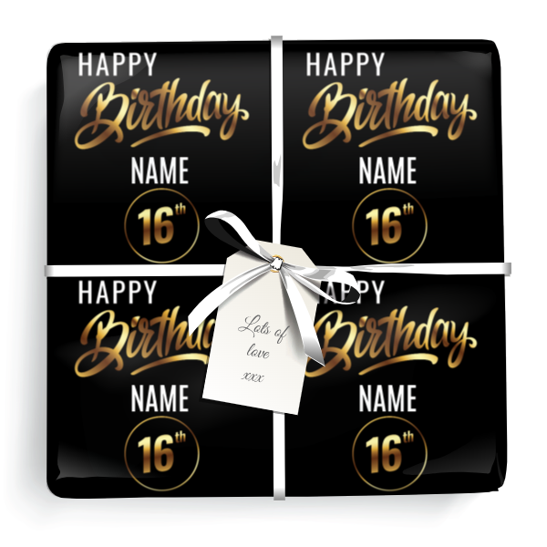 Personalised 16th Birthday Wrapping Paper - Black & Gold - Add Name