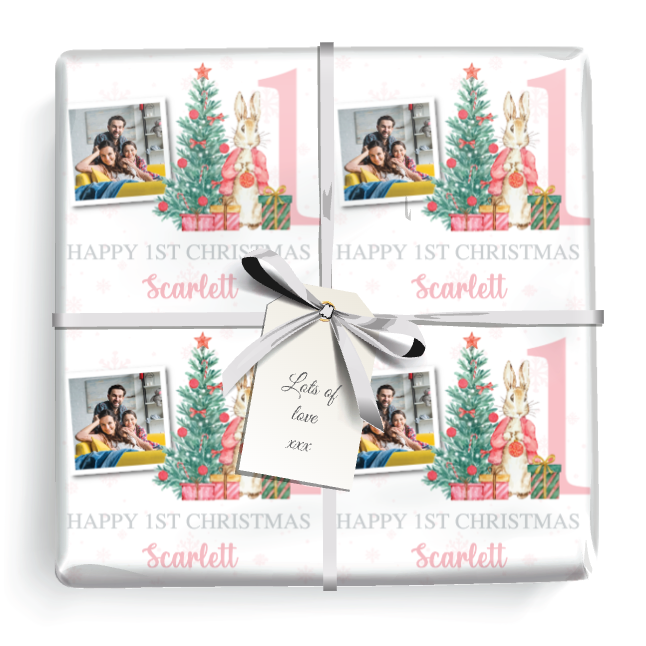 Personalised 1st Christmas Wrapping Paper - Pink Rabbit & Tree - Add Name & Photo