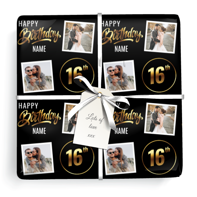 Personalised 16th Birthday Wrapping Paper - Black & Gold - Upload 2 Photos & Name