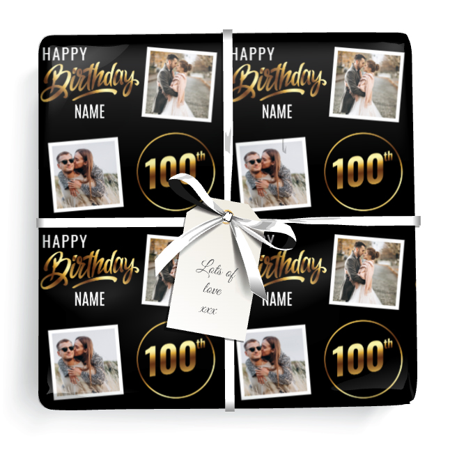 Personalised 100th Birthday Wrapping Paper - Black & Gold - Upload 2 Photos & Name