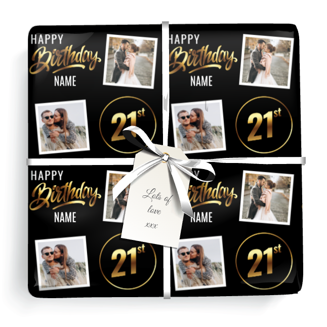 Personalised 21st Birthday Wrapping Paper - Black & Gold - Upload 2 Photos & Name