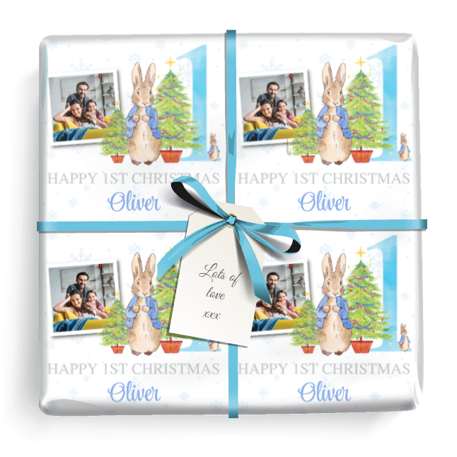 Personalised 1st Christmas Wrapping Paper - Blue Rabbit - Add Name & 1 Photo