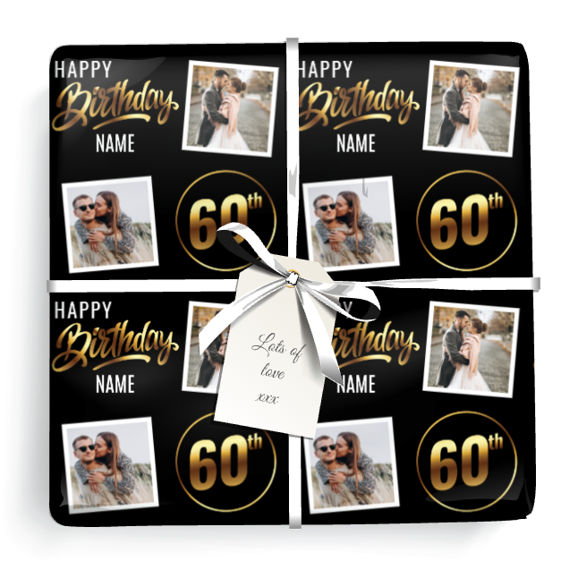 Personalised 60th Birthday Wrapping Paper - Black & Gold - Upload 2 Photos & Name