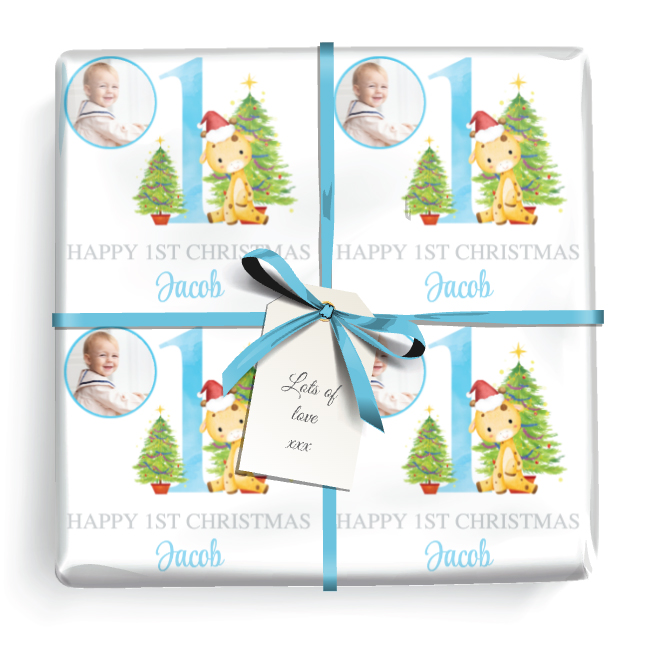 Personalised 1st Christmas Wrapping Paper - Cute Giraffe - Add Name & 1 Photo