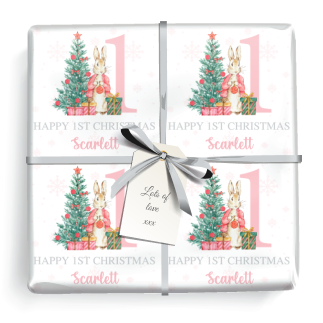 Personalised 1st Christmas Wrapping Paper - Pink Rabbit & Tree - Add Name