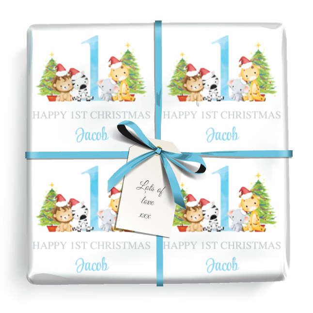 Personalised 1st Christmas Wrapping Paper - Xmas Safari Animals - Add Name