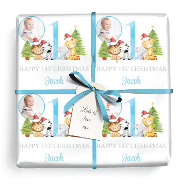 Personalised 1st Christmas Wrapping Paper - Xmas Safari Animals - Add Name & 1 Photo
