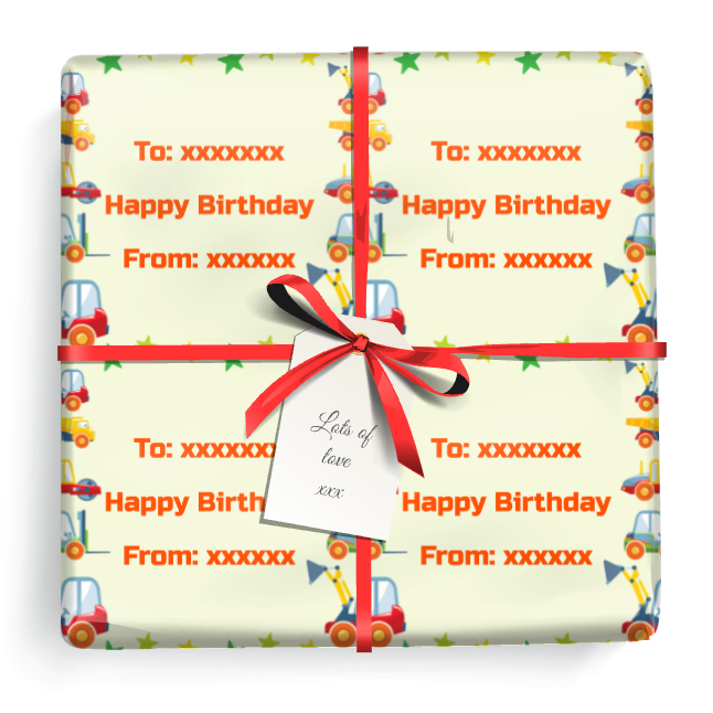 Personalised Birthday Wrapping Paper -  Red & Yellow Diggers - Add Text