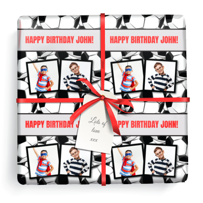 Personalised Birthday Wrapping Paper - Black & White Football - Add Text & 2 Photos