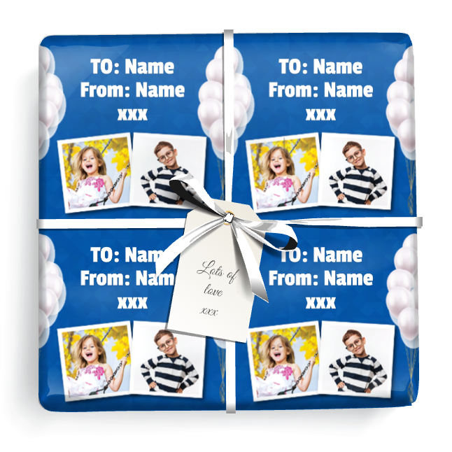 Personalised Birthday Wrapping Paper - Blue & White Balloons -  Add Text & 2 Photo