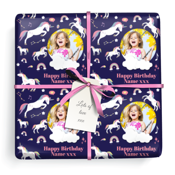 Personalised Birthday Wrapping Paper - Blue Unicorn & Rainbow - Add Text & 1 Photo