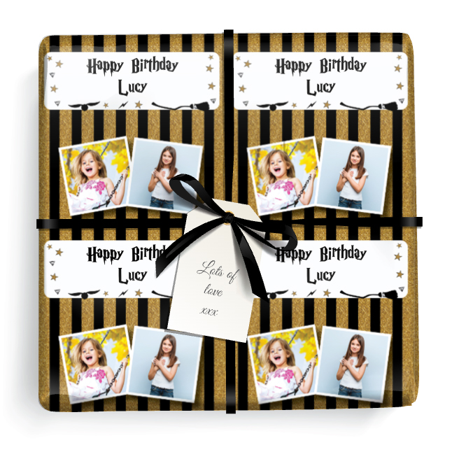 Personalised Birthday Wrapping Paper - Gold Wizard Witch -  Add Text & 2 Photos