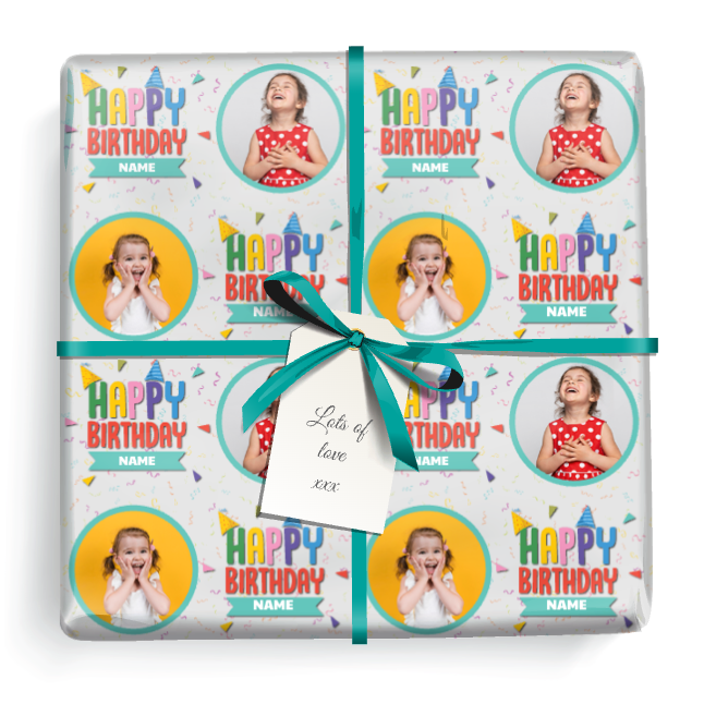 Personalised Birthday Wrapping Paper - Green Party Design- Upload 2 Photos & Add Name