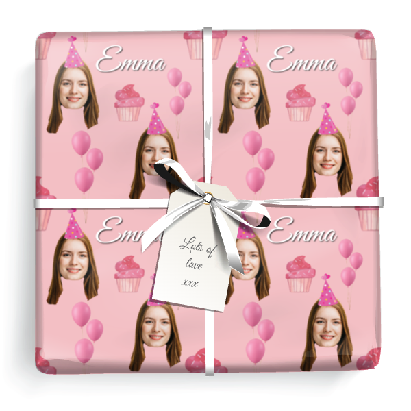 Personalised Birthday Wrapping Paper - Pink Balloons Cupcake- Upload 1 Photo & Name