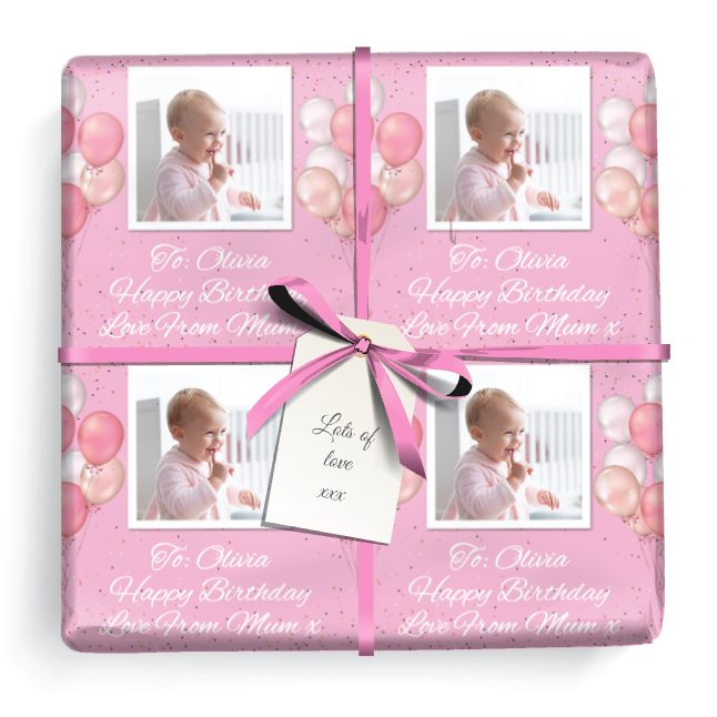Personalised Birthday Wrapping Paper - Pink Balloons - Upload Photo & Text
