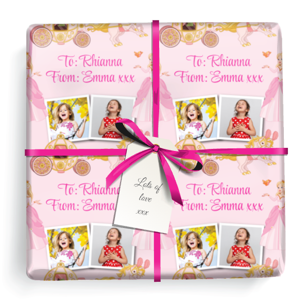 Personalised Birthday Wrapping Paper - Pink Princess Carriage - Add Text & 2 Photo