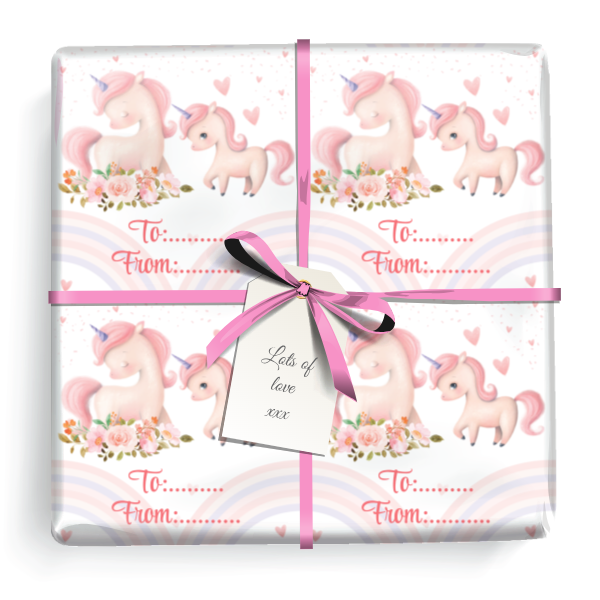 Personalised Birthday Wrapping Paper - Pink Unicorn & Rainbow - Add Text