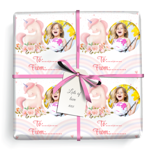 Personalised Birthday Wrapping Paper - Pink Unicorn & Rainbow - Add Text & 1 Photo