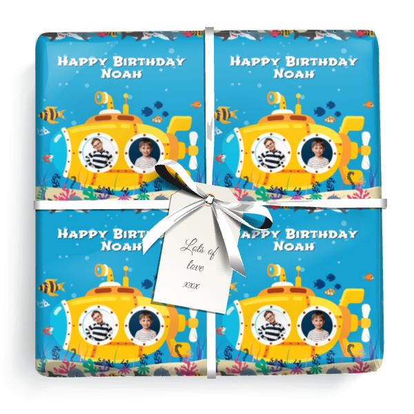 Personalised Birthday Wrapping Paper - Under The Sea Submarine - Add Text & 2 Photos