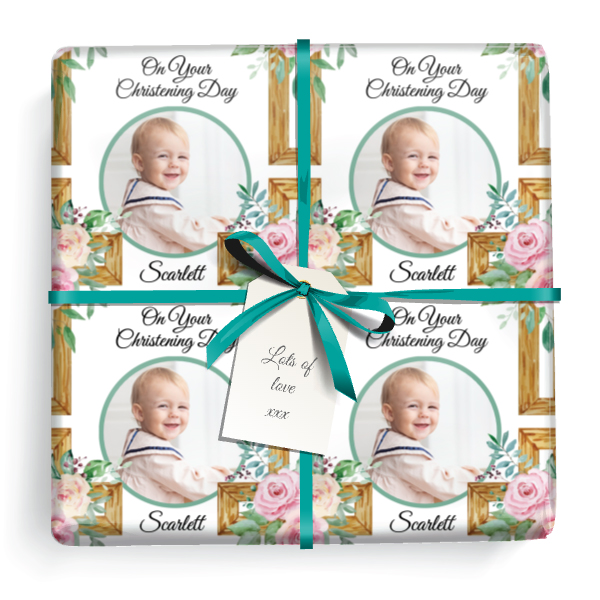 Personalised Christening Wrapping Paper -  Pink & Green Floral - Add Name & 1 Photo