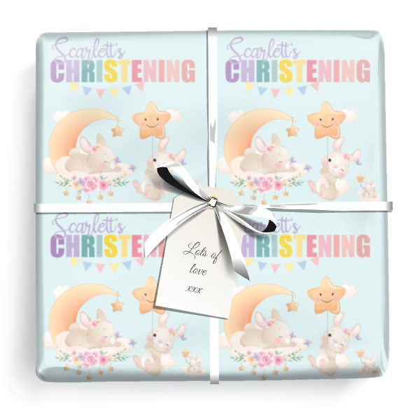 Personalised Christening Wrapping Paper -  Pink & Green Bunny - Add Name & 1 Photo