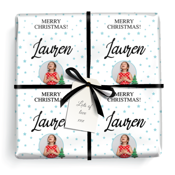 Personalised Christmas Wrapping Paper - Blue Stars - Add Name & 1 Photo