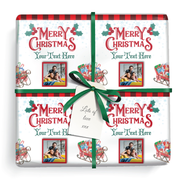 Personalised Christmas Wrapping Paper - Holly & Sleigh - Add Text & 1 Photo