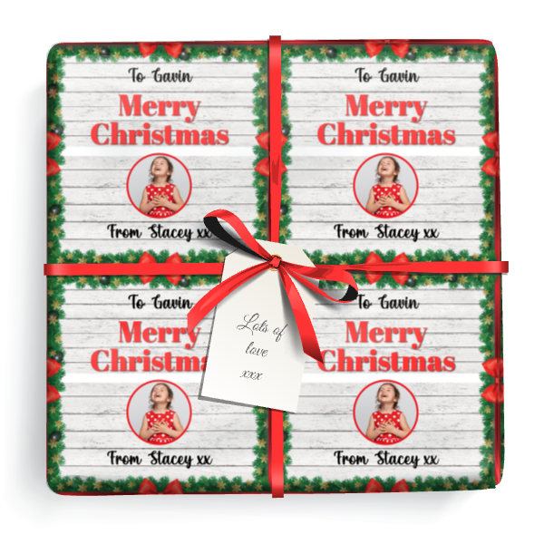 Personalised Christmas Wrapping Paper - Holly & Sleigh - Add Text & 1 Photo