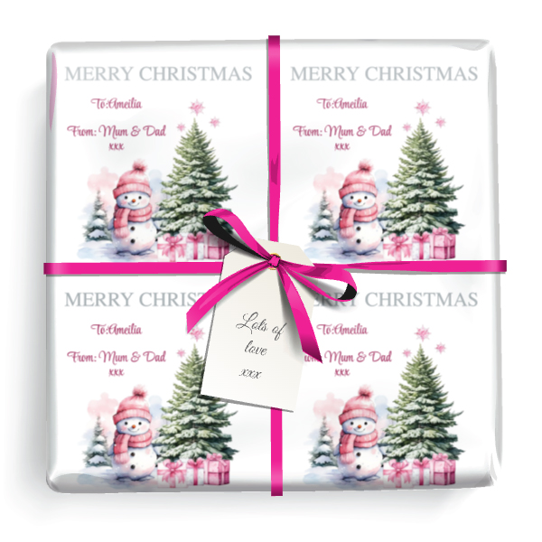 Personalised Christmas Wrapping Paper - Pink Snowman & Tree - Add Name