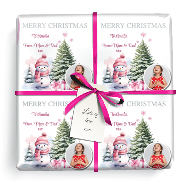 Personalised Christmas Wrapping Paper - Pink Snowman & Tree - Add Name & 1 Photo