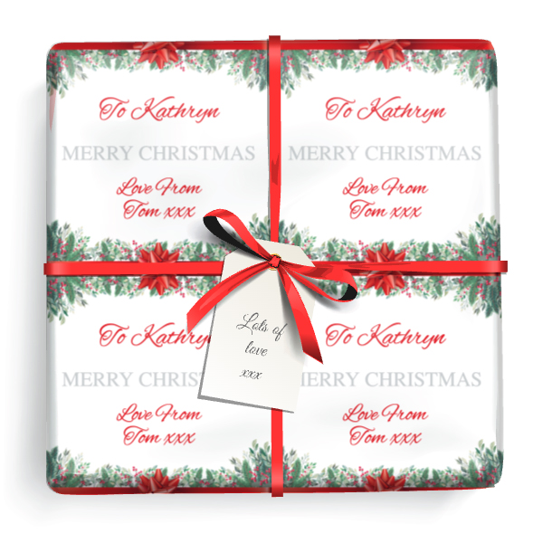 Personalised Christmas Wrapping Paper - Red Greeen Xmas Garland - Add Name