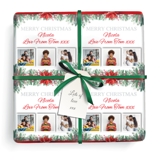 Personalised Christmas Wrapping Paper - Red Greeen Xmas Garland - Add Name & 3 Photos