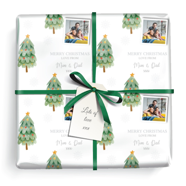 Personalised Christmas Wrapping Paper - Snowflakes & Tree - Add Text & 1 Photo