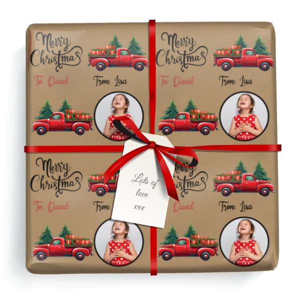 Personalised Christmas Wrapping Paper - Vintage Red Truck & Tree - Add Name & 1 Photo