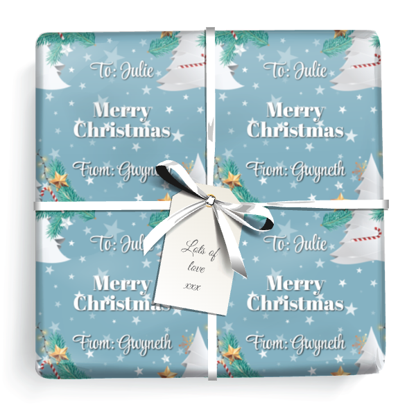 Personalised Christmas Wrapping Paper - White Tree & Stars - Add Name