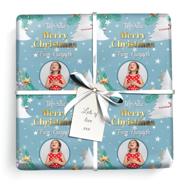Personalised Christmas Wrapping Paper - White Tree & Stars - Add Name & 1 Photo
