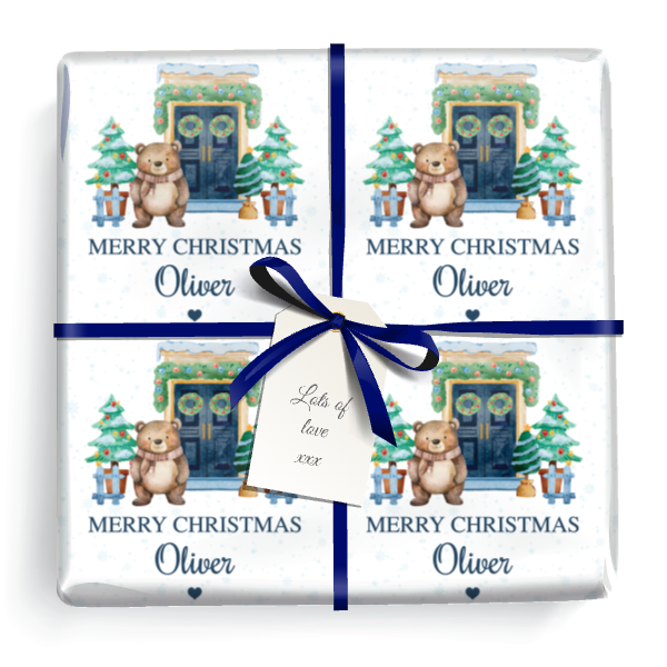 Personalised Christmas Wrapping Paper - Xmas Tree & Bear - Add Name