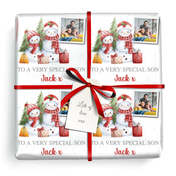 Personalised Christmas Wrapping Paper - Xmas Tree & Snowmen Red - Add Name & 1 Photo