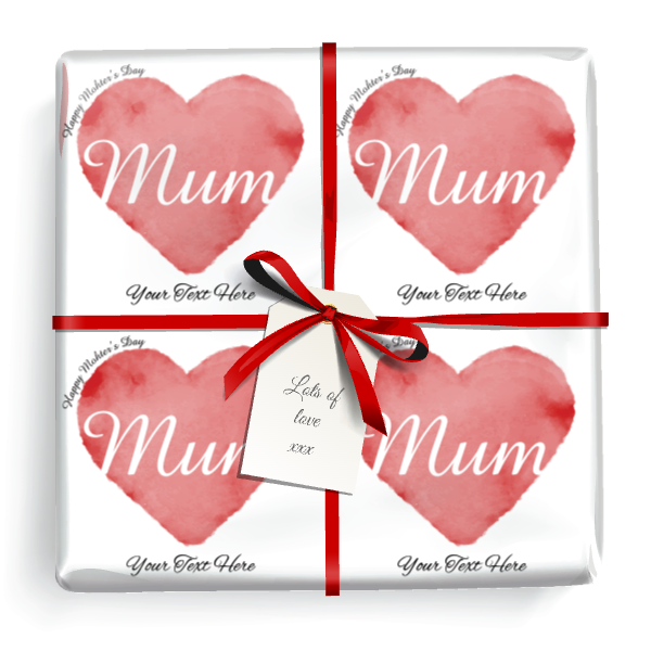 Personalised Mothers Day Wrapping Paper - Red Love Heart -  Add Text