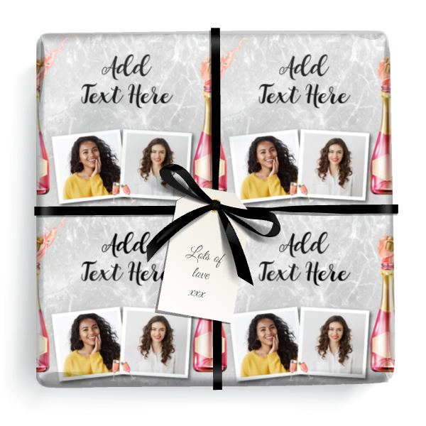 Personalised Party Wrapping Paper -  Pink Champagne - Add Text & 2 Photos