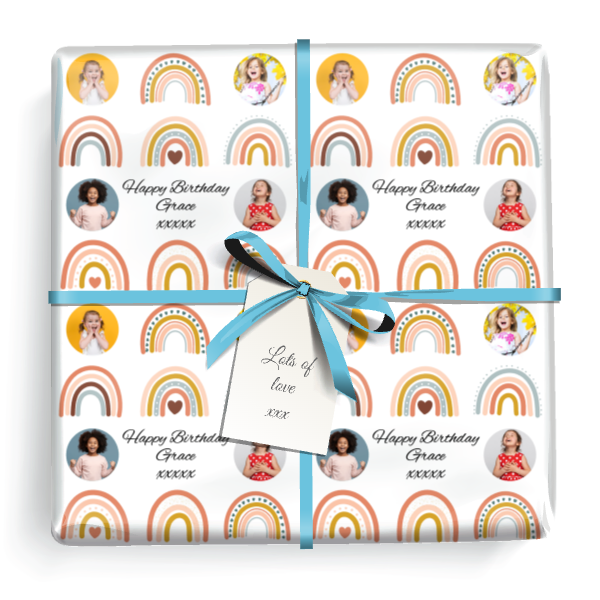 Personalised Party Wrapping Paper - Birthday Rainbow Design - Upload 4 Photos & Name
