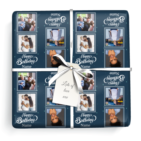 Personalised Party Wrapping Paper - Blue Happy Birthday - Upload 4 Photo & Add Name