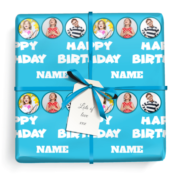 Personalised Party Wrapping Paper - Blue Happy Birthday  - Upload 5 Photos