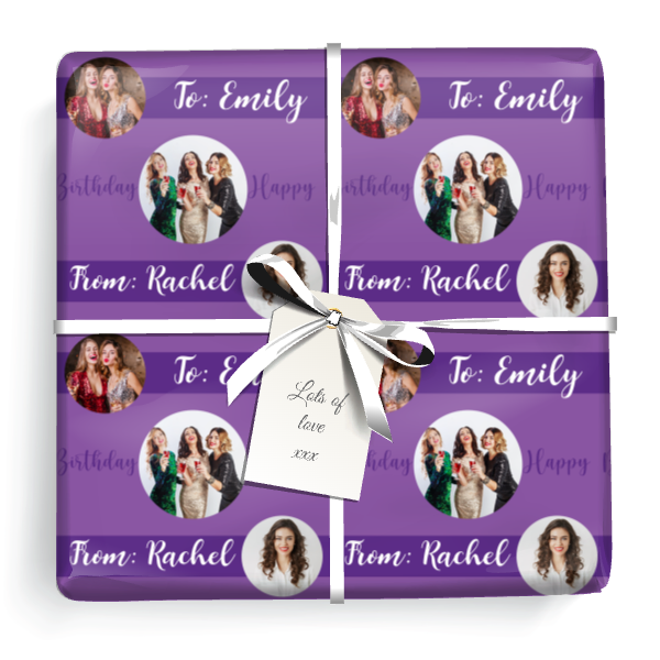 Personalised Party Wrapping Paper - Purple Happy Birthday - Upload 3 Photos & Add Name