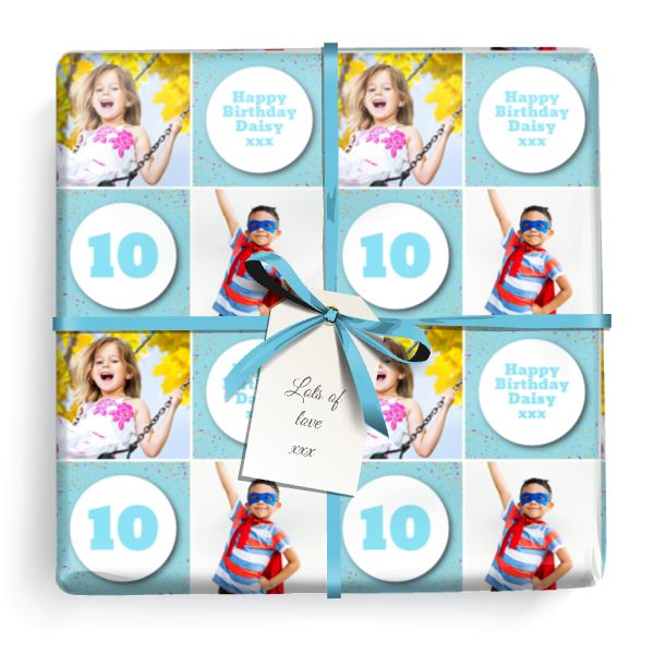 Personalised Birthday Wrapping Paper - Blue Party Design- Upload 2 Photos & Add Age