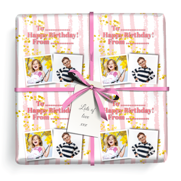 Personalised Party Wrapping Paper - Pink Stripe- Upload 2 Photo & Add Text