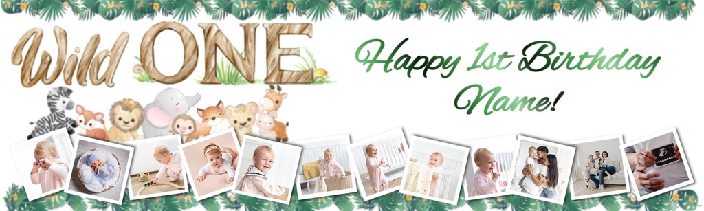 Personalised Wild One Birthday Banner - First Birthday - Custom Text & 12 Photos