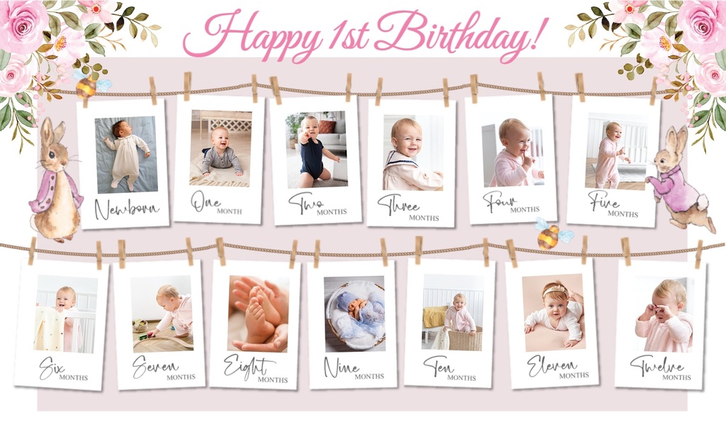 Personalised 1st Birthday Photo Banner - Pink Peter Rabbit